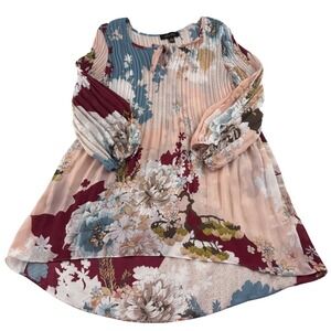 Melissa Paige Floral Pleated Tie Neck Tunic Dress Top Women L G